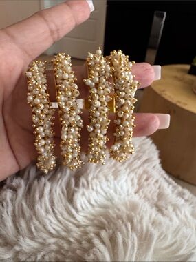 Gold Kundan Style Women's Pearl Bangle Set - Elegant Indian Jewelry